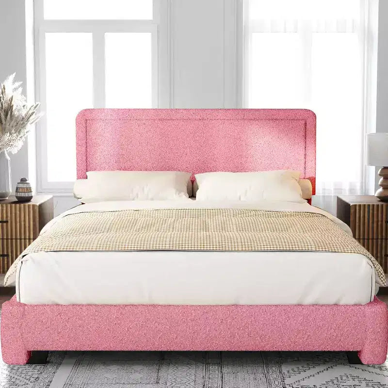 Dyonery Boucle Bed Frame,Black Upholstered Teddy Fabric Bed Frame with Headboard,No Box Spring Required, Adjustable Headboard, Easy Assembly