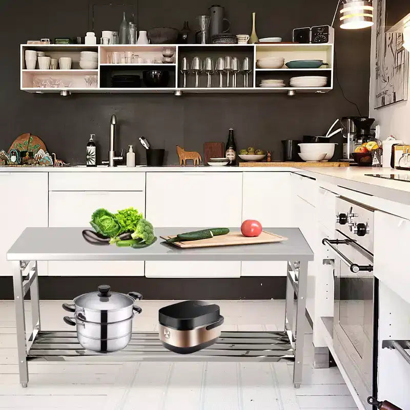 Stainless Steel Work Table for Commercial Kitchen - Foldable Prep Table with Adjustable Shelf, Food Grade Metal Workbench for Restaurant, Home
