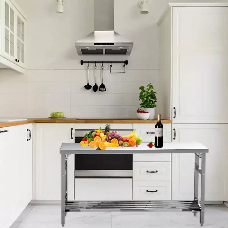 Stainless Steel Work Table for Commercial Kitchen - Foldable Prep Table with Adjustable Shelf, Food Grade Metal Workbench for Restaurant, Home