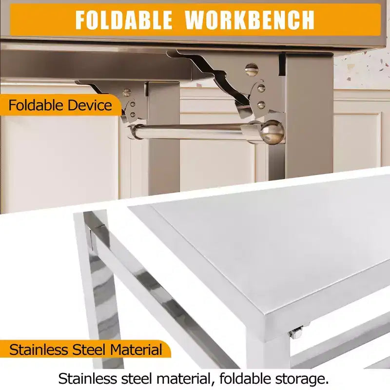 Stainless Steel Work Table for Commercial Kitchen - Foldable Prep Table with Adjustable Shelf, Food Grade Metal Workbench for Restaurant, Home