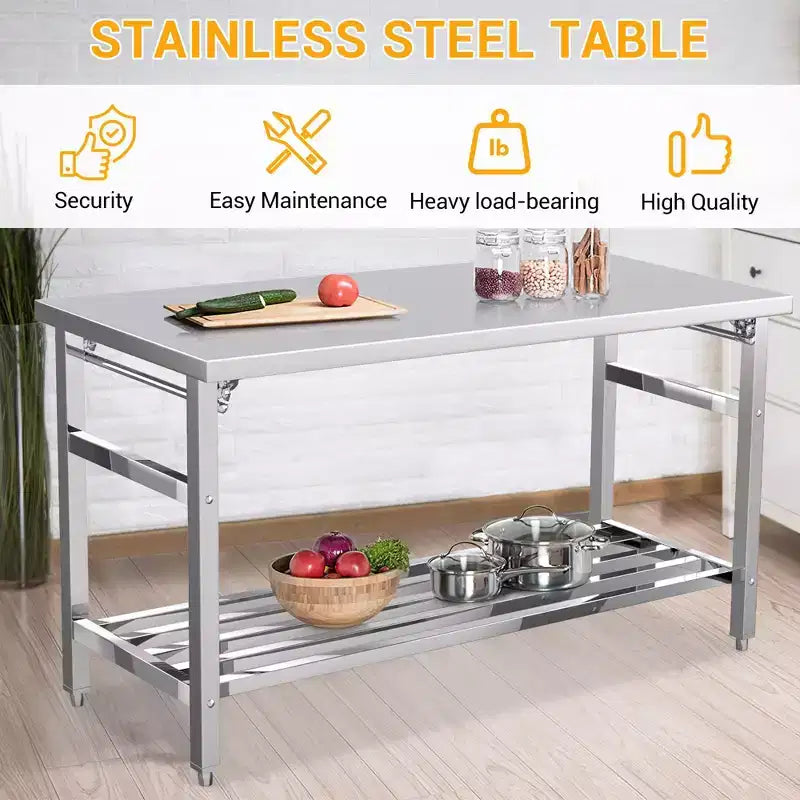 Stainless Steel Work Table for Commercial Kitchen - Foldable Prep Table with Adjustable Shelf, Food Grade Metal Workbench for Restaurant, Home