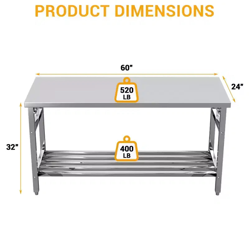 Stainless Steel Work Table for Commercial Kitchen - Foldable Prep Table with Adjustable Shelf, Food Grade Metal Workbench for Restaurant, Home