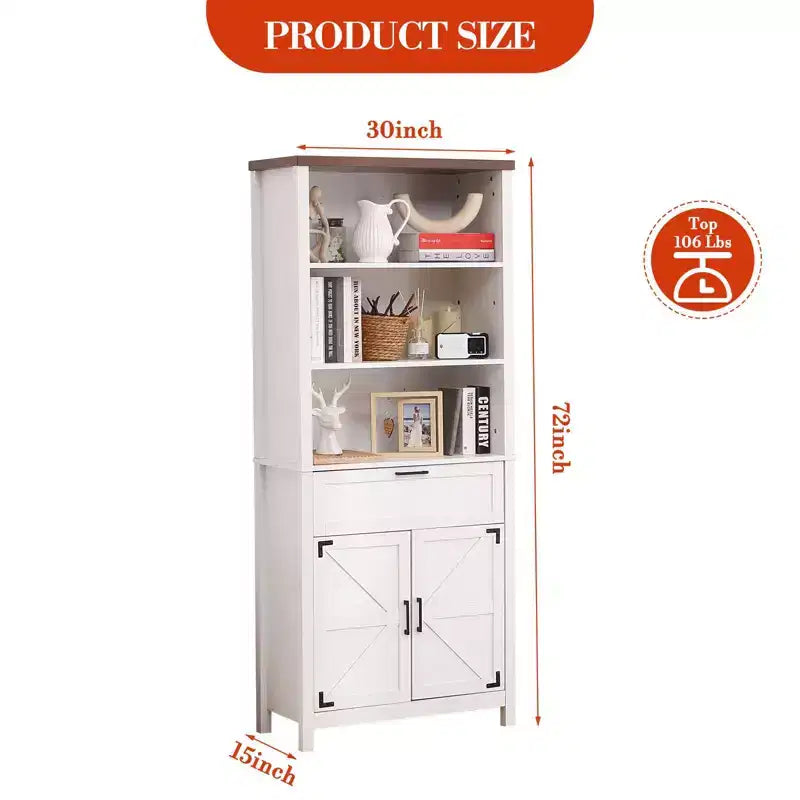 COZONY 72 Tall 6-Tier Farmhouse Bookshelf with Doors, Cabinet & Drawer  Wooden Bookcase with Adjustable Shelf for Living Room, Kitchen & Bedroom