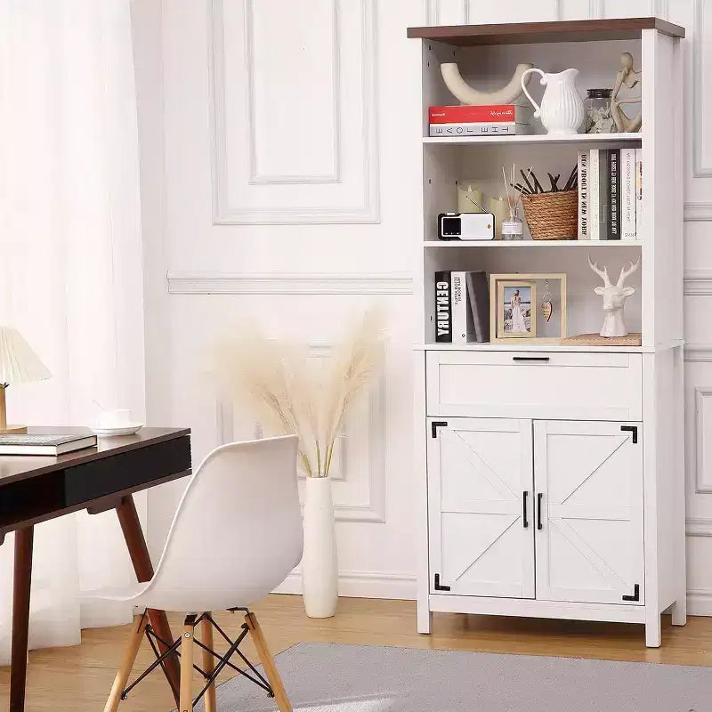 COZONY 72 Tall 6-Tier Farmhouse Bookshelf with Doors, Cabinet & Drawer  Wooden Bookcase with Adjustable Shelf for Living Room, Kitchen & Bedroom