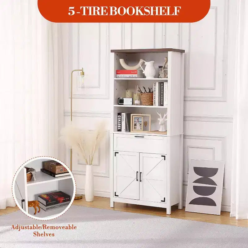 COZONY 72 Tall 6-Tier Farmhouse Bookshelf with Doors, Cabinet & Drawer  Wooden Bookcase with Adjustable Shelf for Living Room, Kitchen & Bedroom