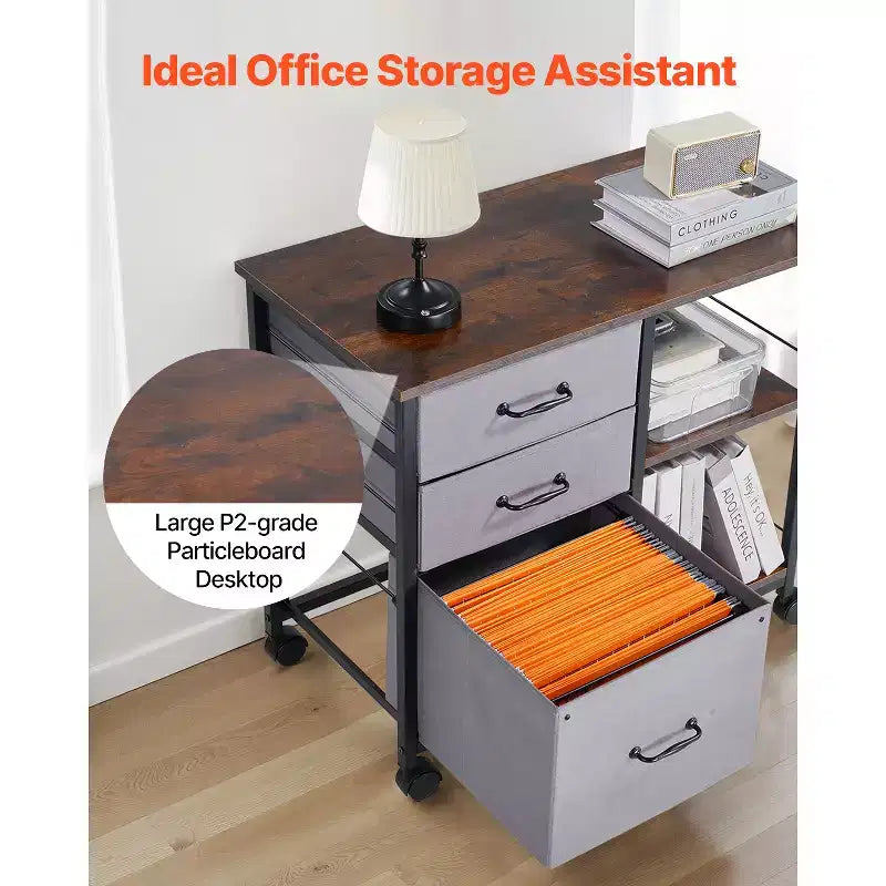 VEVOR Metal File Cabinet, Mobile Filing Cabinet with 3 Fabric Drawers and 2 Open Shelves, Wooden Vertical Filing Storage Cabinets with Wheels, Brown