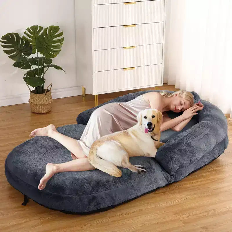 Human Sized Dog Bed for People Adults,Foldable Dog Bed for Humans,71x43x10 Giant Dog Bed with Removable Cover,Washable Faux Fur Napping Dog Bed
