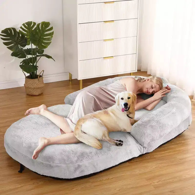 Human Sized Dog Bed for People Adults,Foldable Dog Bed for Humans,71x43x10 Giant Dog Bed with Removable Cover,Washable Faux Fur Napping Dog Bed