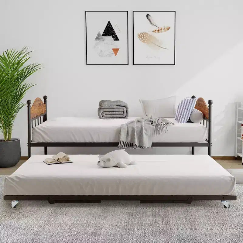 Daybed with Trundle,Metal Twin Size Day Bed,Sofa Bed Frame with Foldable Trundle Bed,Heavy Duty Steel Slats Platform for Living Room,Bedroom