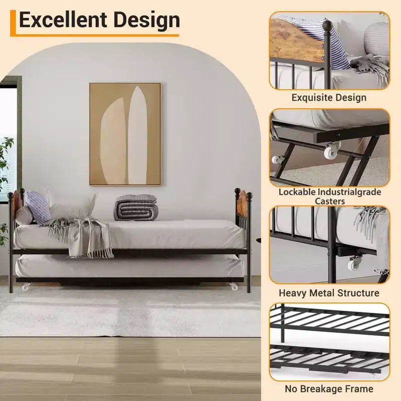 Daybed with Trundle,Metal Twin Size Day Bed,Sofa Bed Frame with Foldable Trundle Bed,Heavy Duty Steel Slats Platform for Living Room,Bedroom