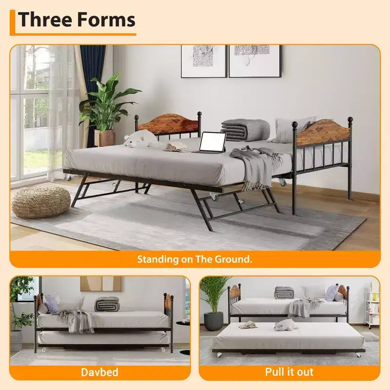 Daybed with Trundle,Metal Twin Size Day Bed,Sofa Bed Frame with Foldable Trundle Bed,Heavy Duty Steel Slats Platform for Living Room,Bedroom