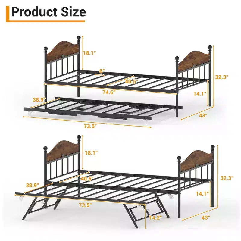 Daybed with Trundle,Metal Twin Size Day Bed,Sofa Bed Frame with Foldable Trundle Bed,Heavy Duty Steel Slats Platform for Living Room,Bedroom