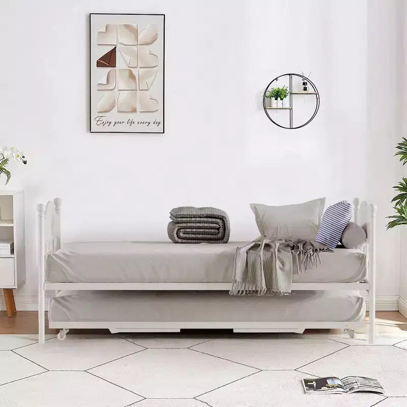 Daybed with Trundle,Metal Twin Size Day Bed,Sofa Bed Frame with Foldable Trundle Bed,Heavy Duty Steel Slats Platform for Living Room,Bedroom
