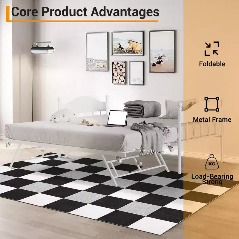 Daybed with Trundle,Metal Twin Size Day Bed,Sofa Bed Frame with Foldable Trundle Bed,Heavy Duty Steel Slats Platform for Living Room,Bedroom
