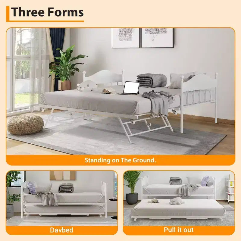 Daybed with Trundle,Metal Twin Size Day Bed,Sofa Bed Frame with Foldable Trundle Bed,Heavy Duty Steel Slats Platform for Living Room,Bedroom