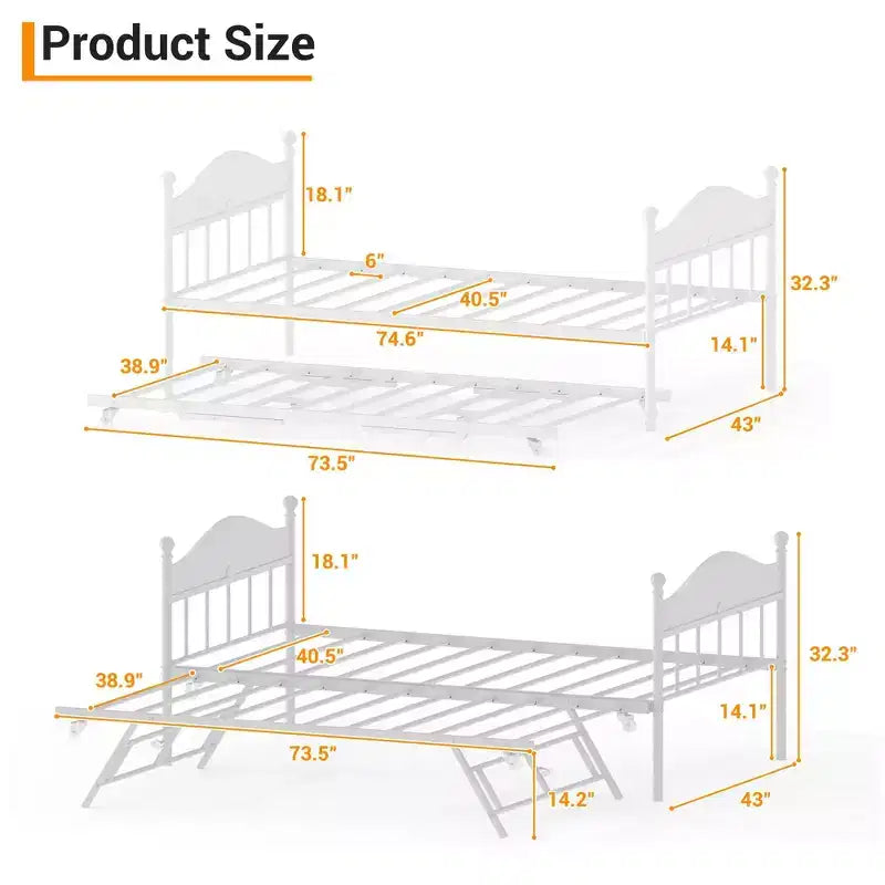 Daybed with Trundle,Metal Twin Size Day Bed,Sofa Bed Frame with Foldable Trundle Bed,Heavy Duty Steel Slats Platform for Living Room,Bedroom