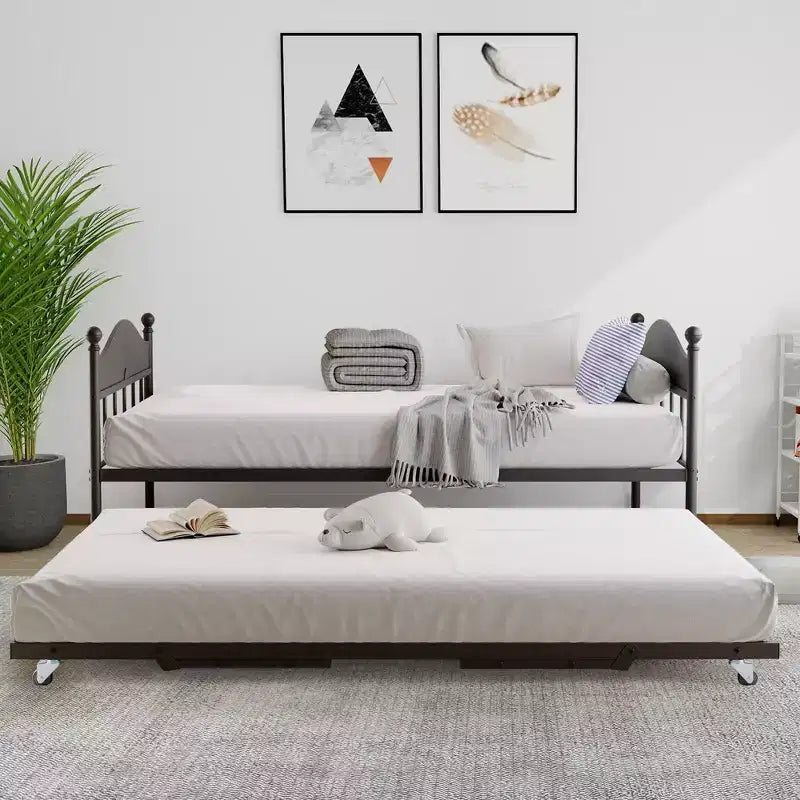 Daybed with Trundle,Metal Twin Size Day Bed,Sofa Bed Frame with Foldable Trundle Bed,Heavy Duty Steel Slats Platform for Living Room,Bedroom