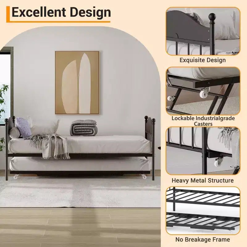 Daybed with Trundle,Metal Twin Size Day Bed,Sofa Bed Frame with Foldable Trundle Bed,Heavy Duty Steel Slats Platform for Living Room,Bedroom