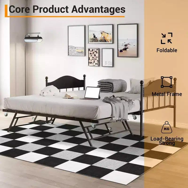 Daybed with Trundle,Metal Twin Size Day Bed,Sofa Bed Frame with Foldable Trundle Bed,Heavy Duty Steel Slats Platform for Living Room,Bedroom