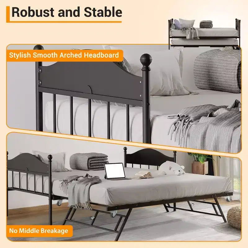 Daybed with Trundle,Metal Twin Size Day Bed,Sofa Bed Frame with Foldable Trundle Bed,Heavy Duty Steel Slats Platform for Living Room,Bedroom
