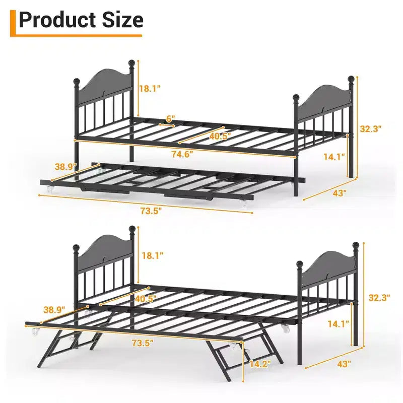 Daybed with Trundle,Metal Twin Size Day Bed,Sofa Bed Frame with Foldable Trundle Bed,Heavy Duty Steel Slats Platform for Living Room,Bedroom