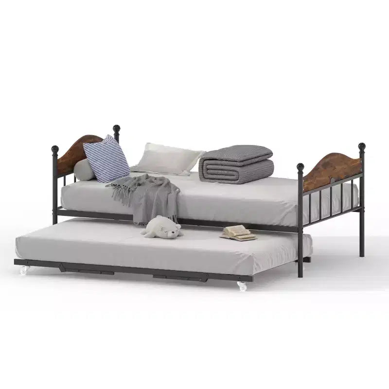 Daybed with Trundle,Metal Twin Size Day Bed,Sofa Bed Frame with Foldable Trundle Bed,Heavy Duty Steel Slats Platform for Living Room,Bedroom