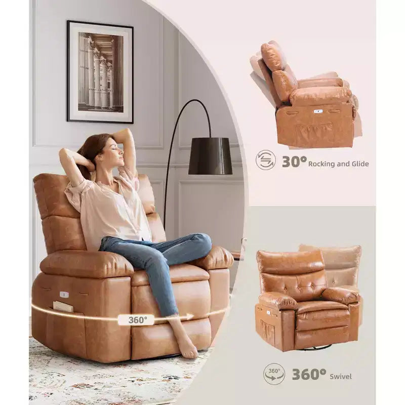 Poltrona reclinabile extra-large e ampia - Recliner a dondolo girevole a 360°, Recliner manuale grande in pelle PU, con imbottitura in spugna 1.5X e meccanismo reclinabile facile