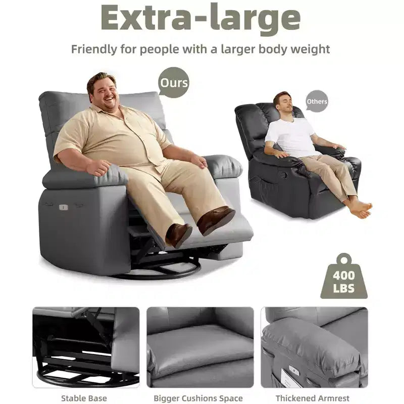 Poltrona reclinabile extra-large e ampia - Recliner a dondolo girevole a 360°, Recliner manuale grande in pelle PU, con imbottitura in spugna 1.5X e meccanismo reclinabile facile