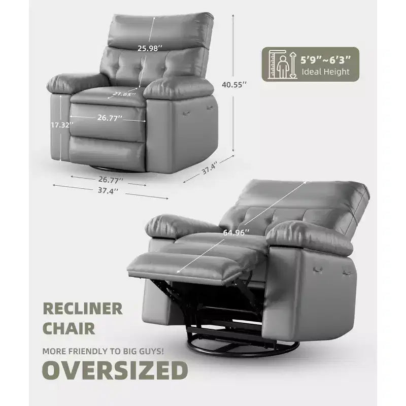 Poltrona reclinabile extra-large e ampia - Recliner a dondolo girevole a 360°, Recliner manuale grande in pelle PU, con imbottitura in spugna 1.5X e meccanismo reclinabile facile