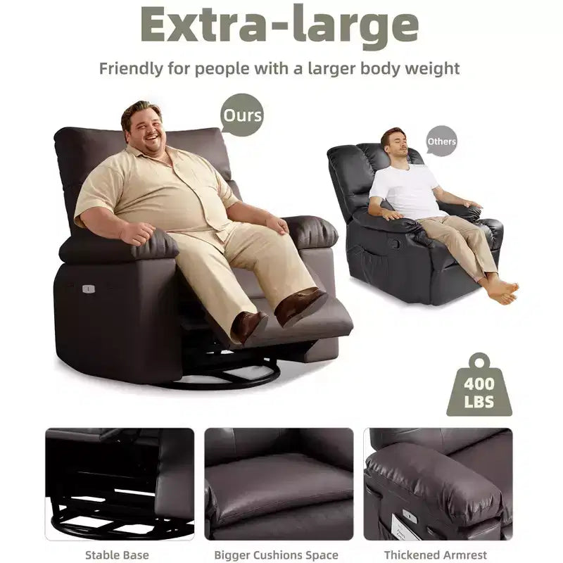 Poltrona reclinabile extra-large e ampia - Recliner a dondolo girevole a 360°, Recliner manuale grande in pelle PU, con imbottitura in spugna 1.5X e meccanismo reclinabile facile