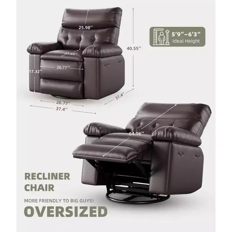 Poltrona reclinabile extra-large e ampia - Recliner a dondolo girevole a 360°, Recliner manuale grande in pelle PU, con imbottitura in spugna 1.5X e meccanismo reclinabile facile