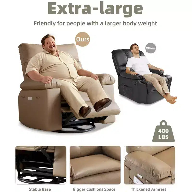 Poltrona reclinabile extra-large e ampia - Recliner a dondolo girevole a 360°, Recliner manuale grande in pelle PU, con imbottitura in spugna 1.5X e meccanismo reclinabile facile