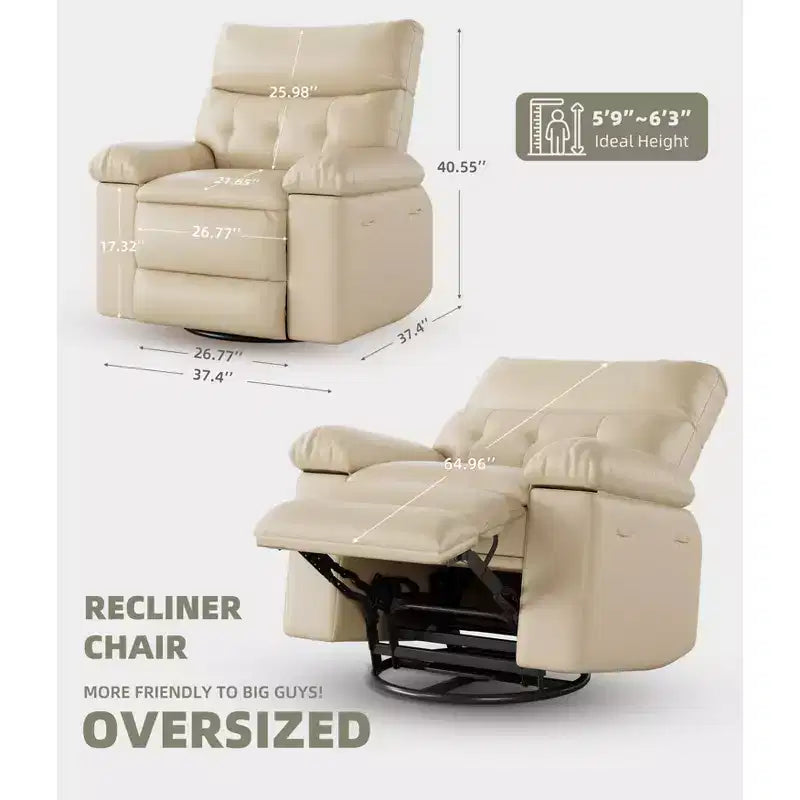 Poltrona reclinabile extra-large e ampia - Recliner a dondolo girevole a 360°, Recliner manuale grande in pelle PU, con imbottitura in spugna 1.5X e meccanismo reclinabile facile