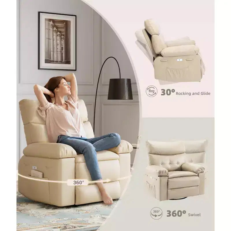 Poltrona reclinabile extra-large e ampia - Recliner a dondolo girevole a 360°, Recliner manuale grande in pelle PU, con imbottitura in spugna 1.5X e meccanismo reclinabile facile
