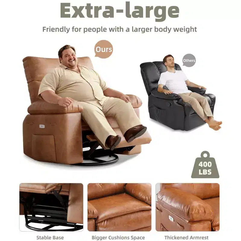 Poltrona reclinabile extra-large e ampia - Recliner a dondolo girevole a 360°, Recliner manuale grande in pelle PU, con imbottitura in spugna 1.5X e meccanismo reclinabile facile