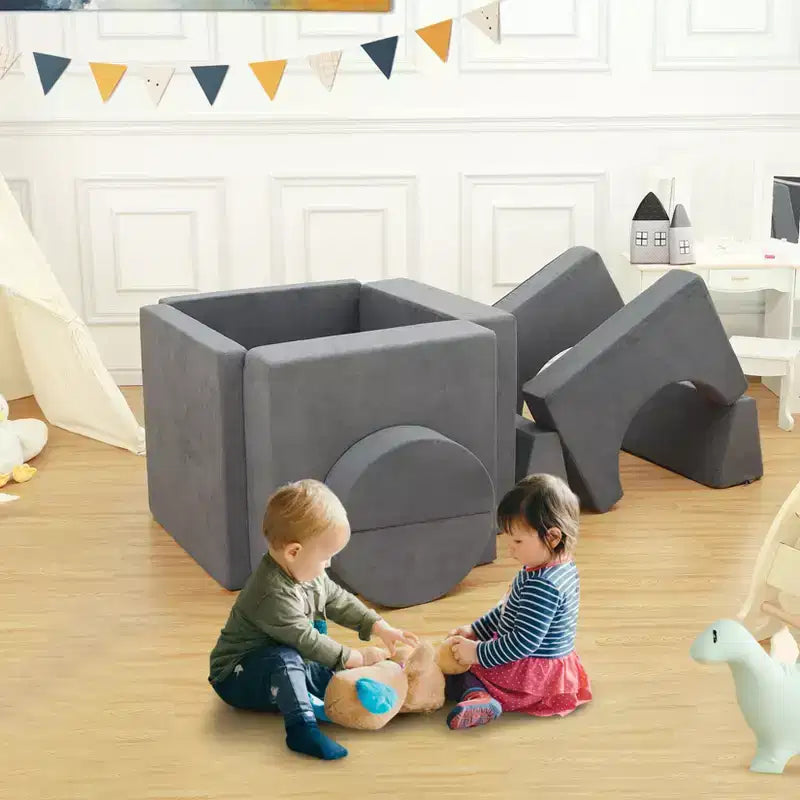 Kids Play Couch, 8PCS Toddler Couch Modular Kids Play Couch Sofa for Playroom Nursery, Kids Convertible Sofa with Removable Cover, Dark Grey