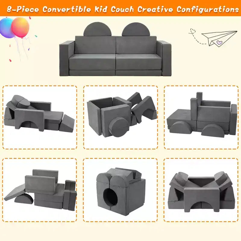 Kids Play Couch, 8PCS Toddler Couch Modular Kids Play Couch Sofa for Playroom Nursery, Kids Convertible Sofa with Removable Cover, Dark Grey