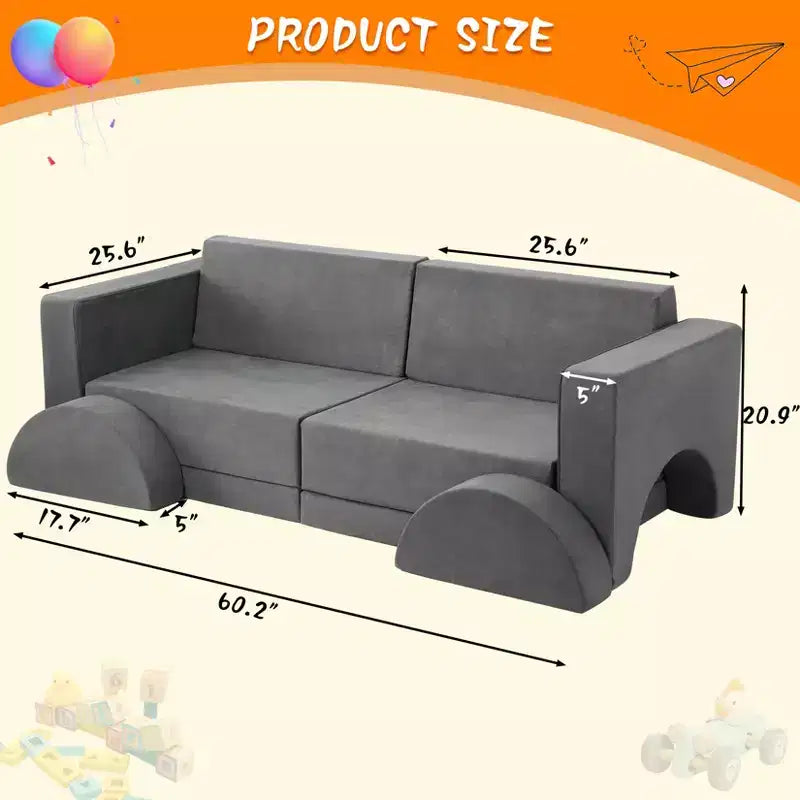 Kids Play Couch, 8PCS Toddler Couch Modular Kids Play Couch Sofa for Playroom Nursery, Kids Convertible Sofa with Removable Cover, Dark Grey