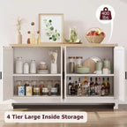Modern Rattan Storage Cabinet with 4 Woven Doors & Adjustable Shelf - Console Table & Coffee Bar for Kitchen, Dining & Living Room, Accent Cabinet