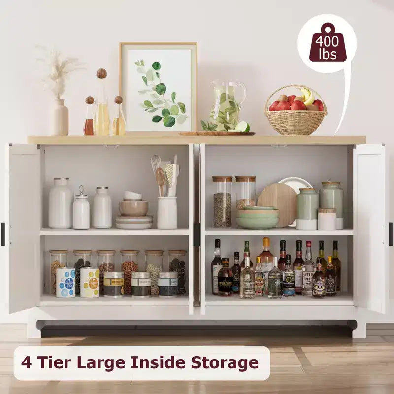 Modern Rattan Storage Cabinet with 4 Woven Doors & Adjustable Shelf - Console Table & Coffee Bar for Kitchen, Dining & Living Room, Accent Cabinet