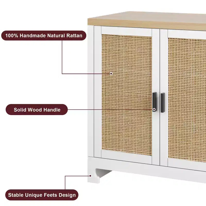 Modern Rattan Storage Cabinet with 4 Woven Doors & Adjustable Shelf - Console Table & Coffee Bar for Kitchen, Dining & Living Room, Accent Cabinet