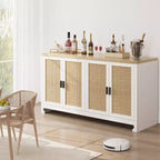 Modern Rattan Storage Cabinet with 4 Woven Doors & Adjustable Shelf - Console Table & Coffee Bar for Kitchen, Dining & Living Room, Accent Cabinet
