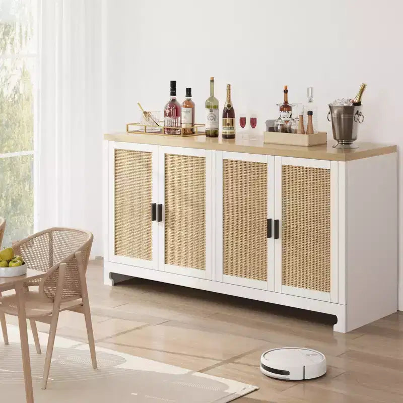 Modern Rattan Storage Cabinet with 4 Woven Doors & Adjustable Shelf - Console Table & Coffee Bar for Kitchen, Dining & Living Room, Accent Cabinet