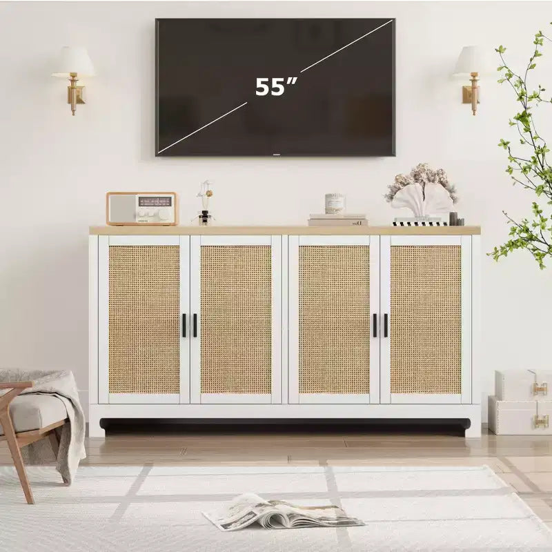 Modern Rattan Storage Cabinet with 4 Woven Doors & Adjustable Shelf - Console Table & Coffee Bar for Kitchen, Dining & Living Room, Accent Cabinet