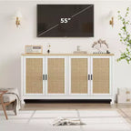 Modern Rattan Storage Cabinet with 4 Woven Doors & Adjustable Shelf - Console Table & Coffee Bar for Kitchen, Dining & Living Room, Accent Cabinet