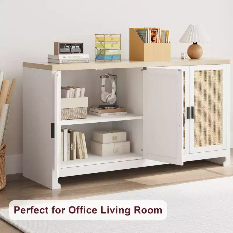 Modern Rattan Storage Cabinet with 4 Woven Doors & Adjustable Shelf - Console Table & Coffee Bar for Kitchen, Dining & Living Room, Accent Cabinet