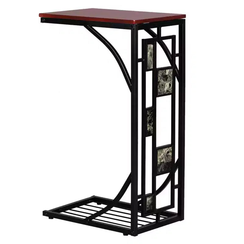 Disassembled and Assembled Single-layer C-shaped Table with Brown Density Board Tabletop, Black Powder-coated Iron Frame, Gravel Pattern Side Table