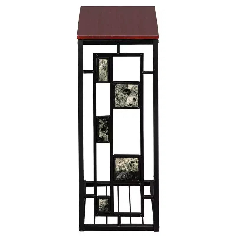 Disassembled and Assembled Single-layer C-shaped Table with Brown Density Board Tabletop, Black Powder-coated Iron Frame, Gravel Pattern Side Table