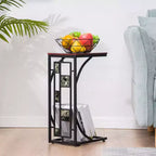 Disassembled and Assembled Single-layer C-shaped Table with Brown Density Board Tabletop, Black Powder-coated Iron Frame, Gravel Pattern Side Table