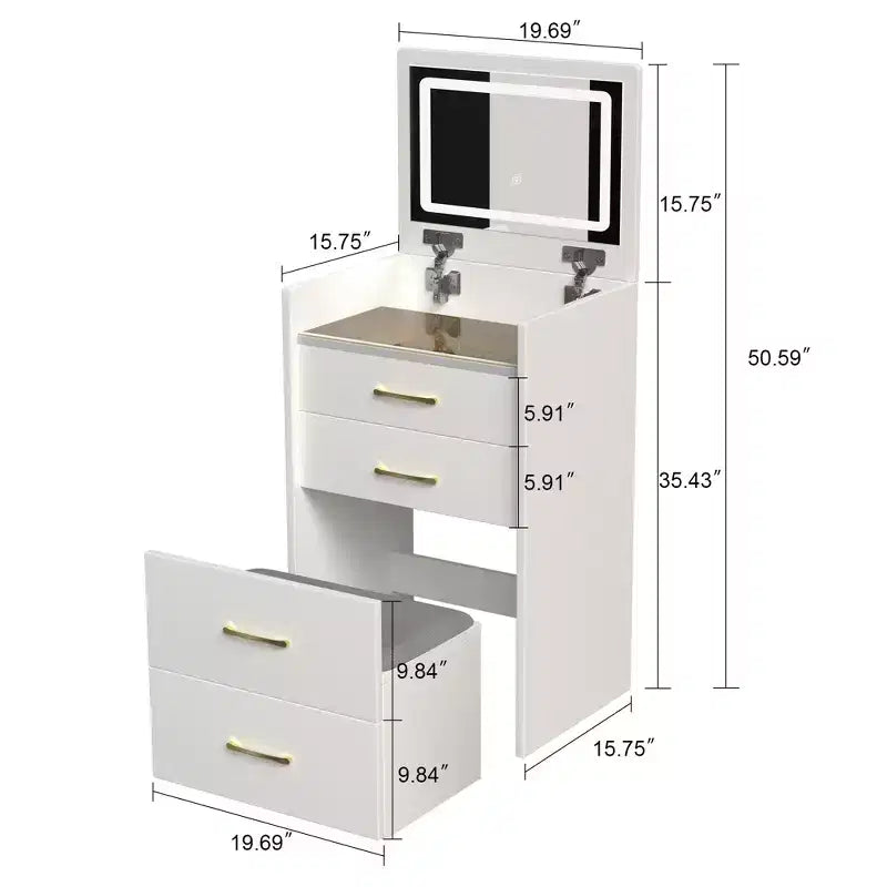 3 in 1 Makeup Vanity Desk Compact Vanity Table Dressing Table with Bench, Lighted Mirror, Drawers & Visible Glass Desktop, White - ModernLuxe